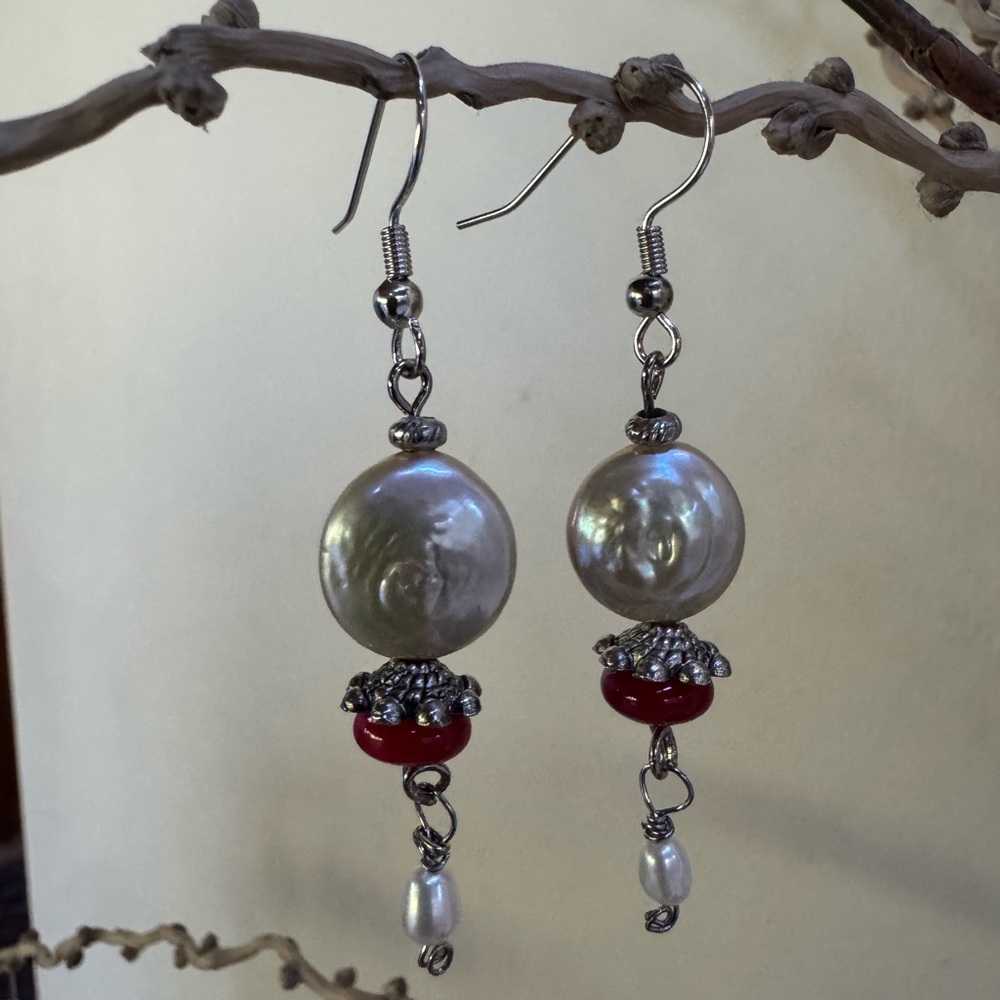 Handcrafted Genuine Silver Coin Pearl & Red Coral Bead Drop w/ Dangles Earrings - Picture 11 of 15
